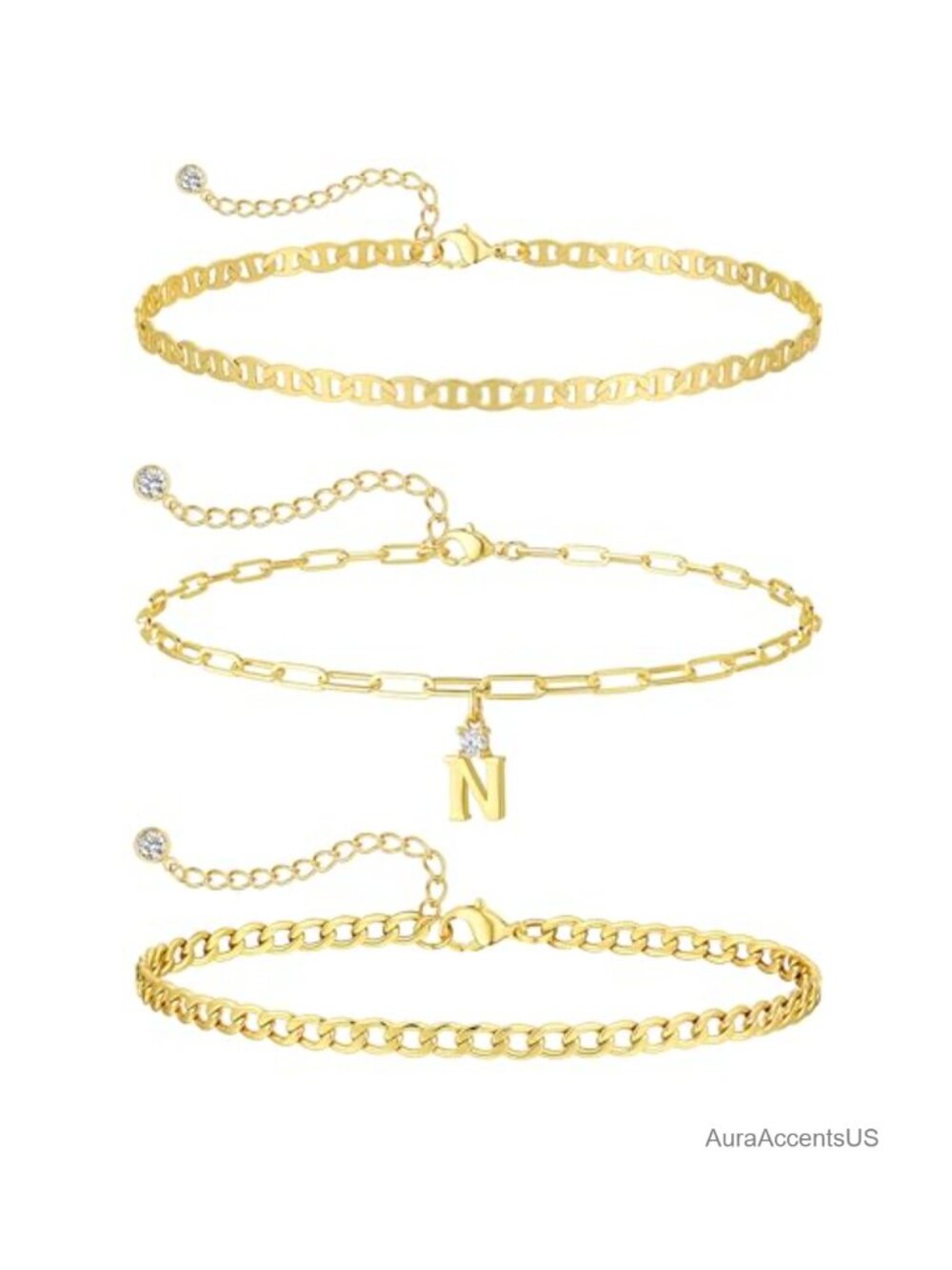 Initial Bracelet Set 14k Gold Plated A-Z Charm Layered Chain Bracelets Women